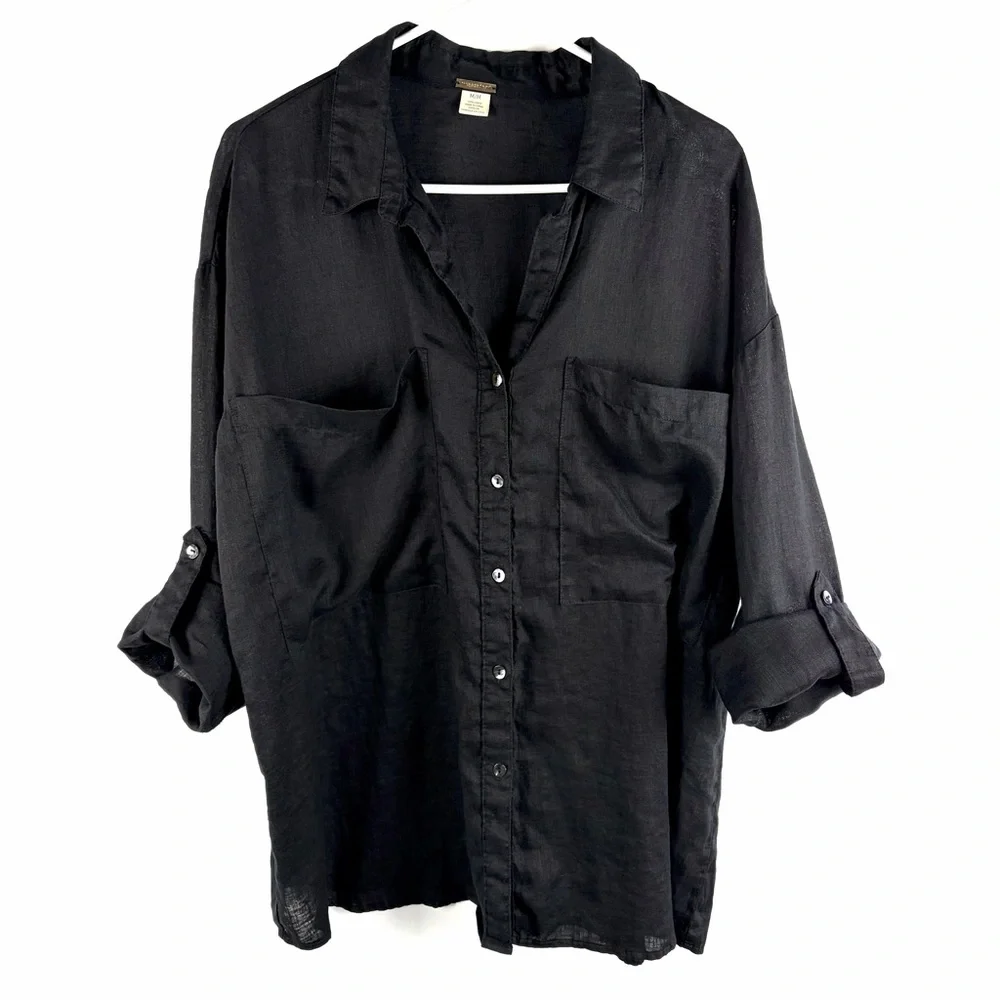 Magaschoni Black 100% Linen Button Down Shirt Roll Tab Sleeve Medium - Picture 3 of 15